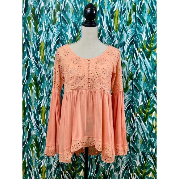 NWT Free People Orange Sun Blush Sea of Love Long Sleeve Eyelet Top Bohemian XS - Picture 1 of 8